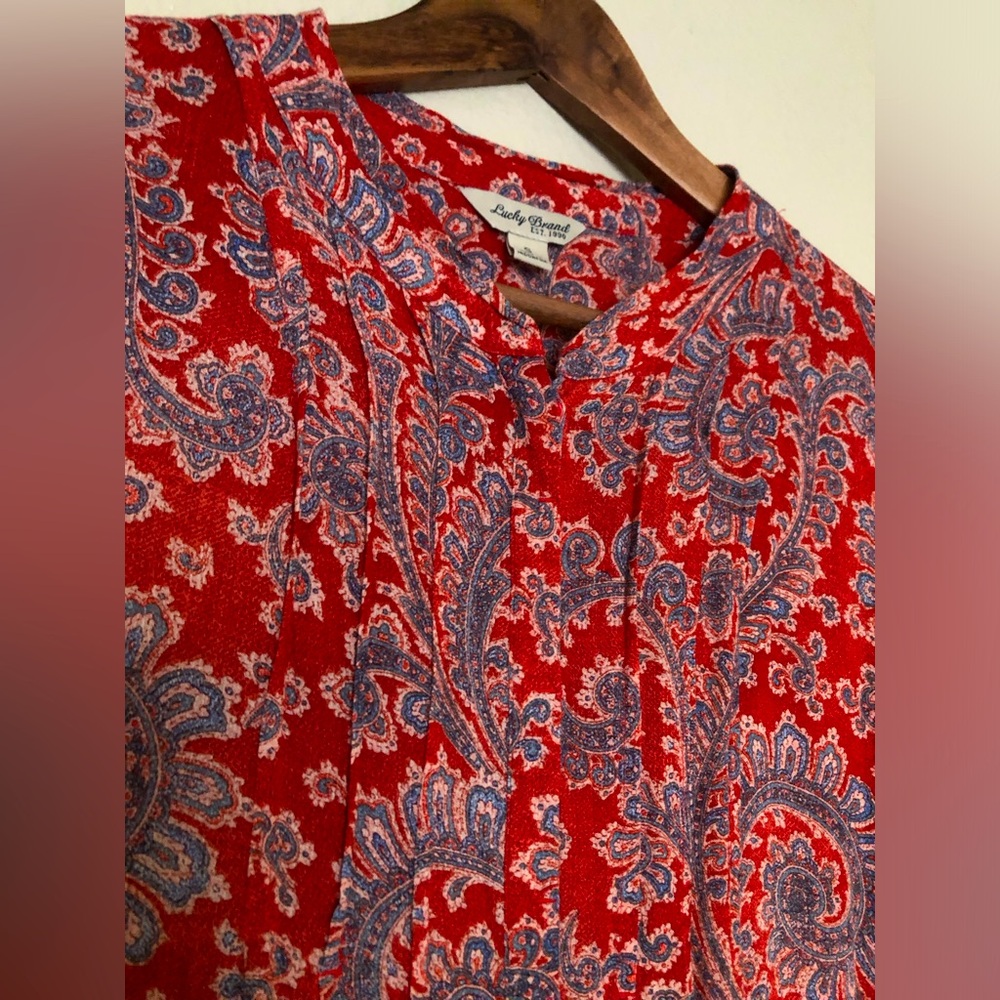 Lucky Brand Pin Tuck Blouse Long Sleeve Button Up Paisley Print Size Small